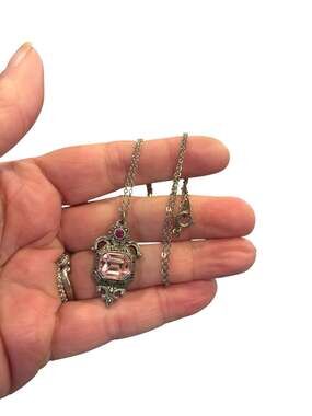 Blush Pink Rhinestone Necklace 1928 Victorian Revival Ornate Pendant Vintage